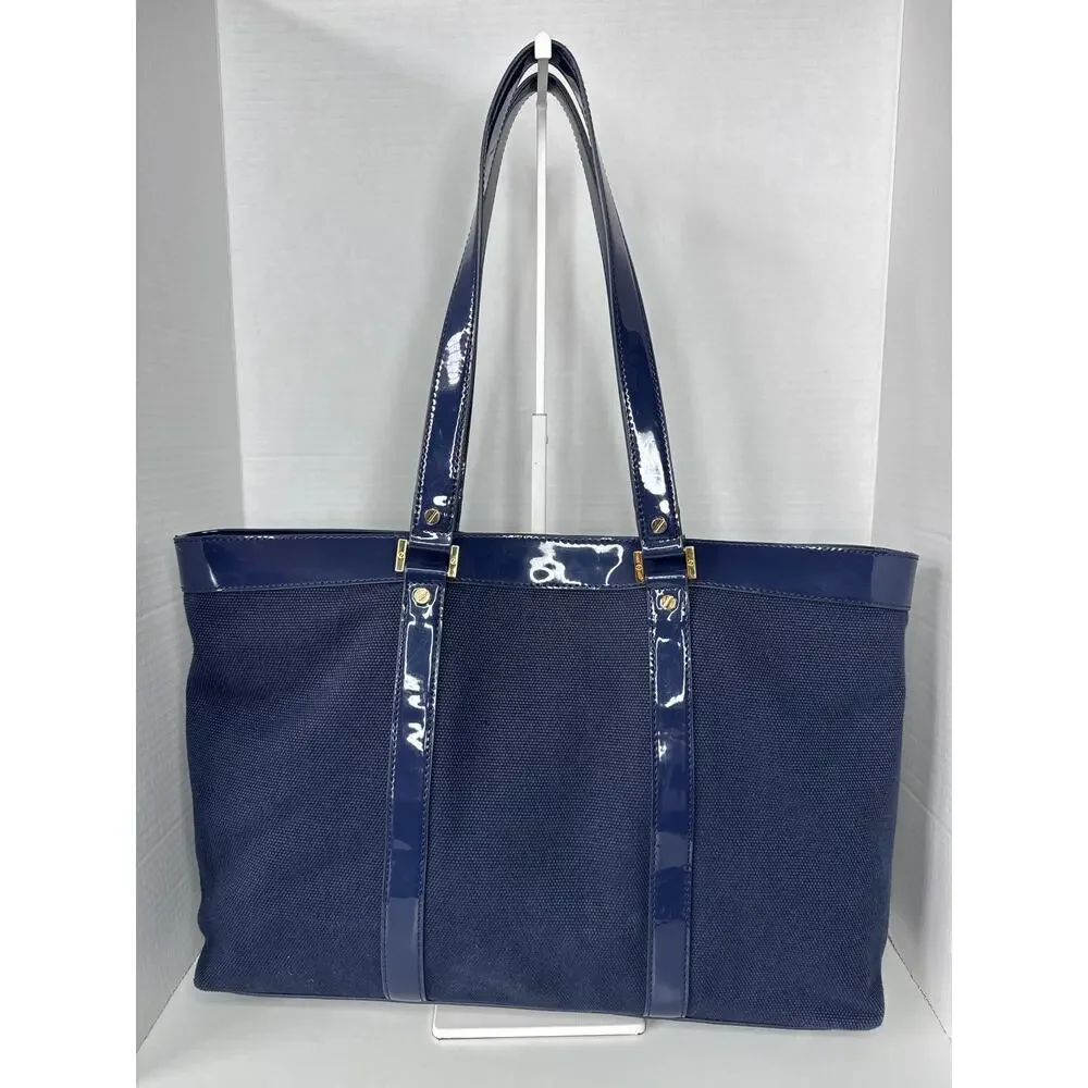 Tory Burch Canvas Jane Tote navy patient leather Shoulder Bag
